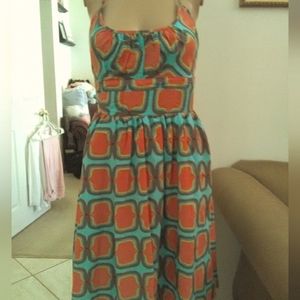 BNWOT UNIQUE BOUTIQUE DRESS BEAUTIFUL BLUE, ORANGE & BROWN GEOMETRIC A-LINE